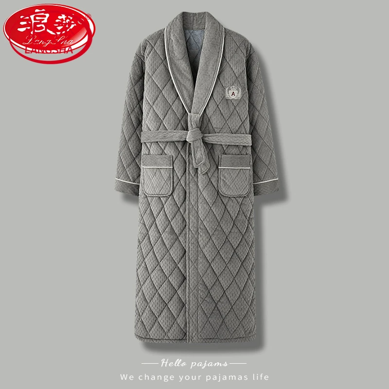 浪莎睡袍男士睡衣冬季三层加厚珊瑚绒夹棉浴袍晨袍长款保暖家居服