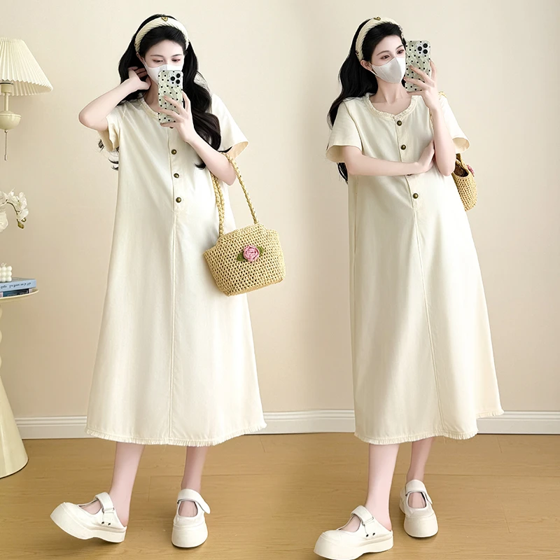 【嗒嗒】小个子2025新款时尚大码女孕妇连衣裙慵懒风中长款休闲
