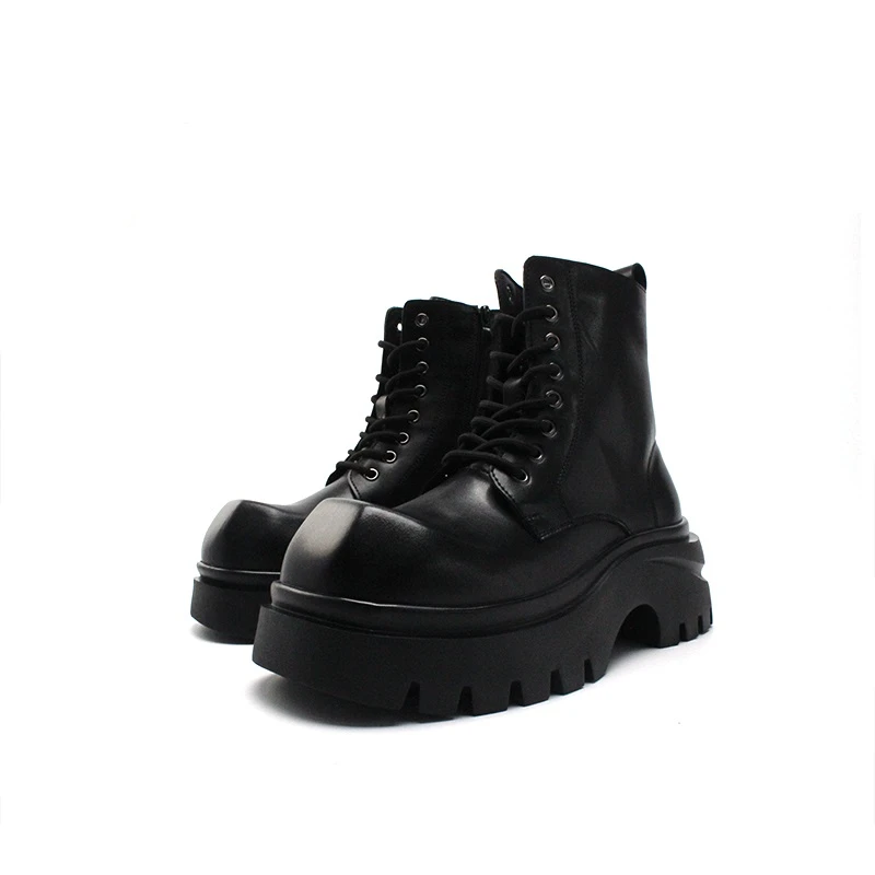 秋冬新款男士增高马丁靴高跟中筒靴英伦风系带工装靴大头男靴子