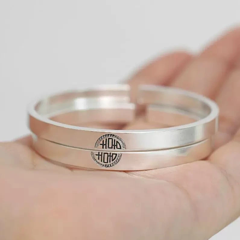 足银手镯 复古【开口手镯】足银999.9 清库存带证书礼盒包装情侣