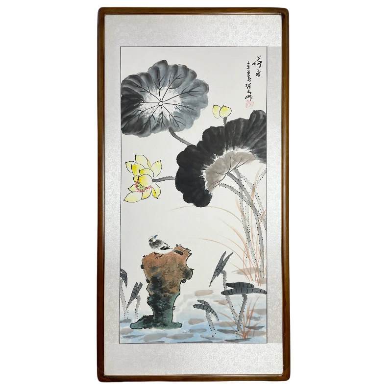 【手绘国画】带框发货水墨荷花竖幅玄关餐厅茶室挂画