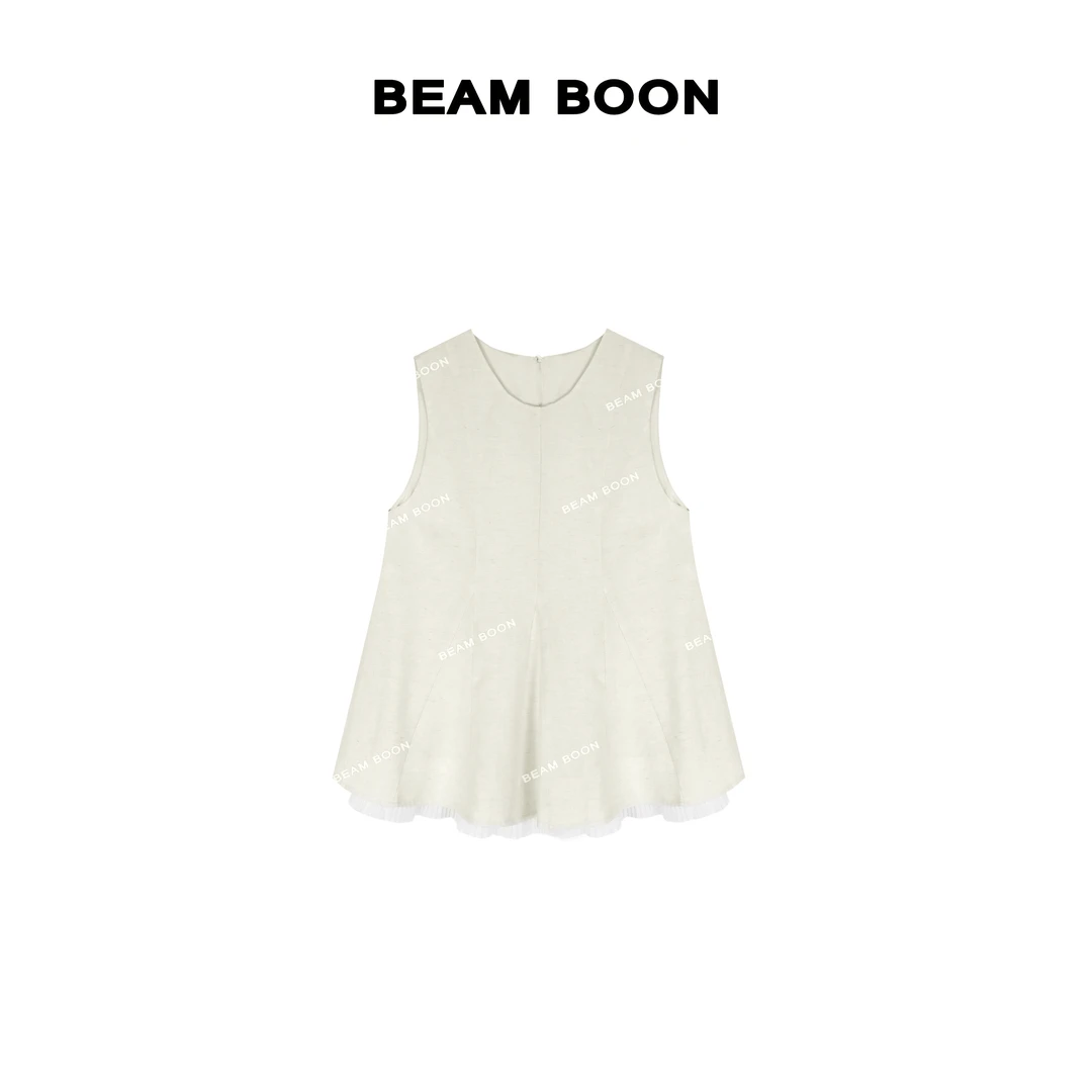 Beam Boon|【甜妹儿】ins莱赛尔亚麻立裁拼接百褶假两件无袖背心