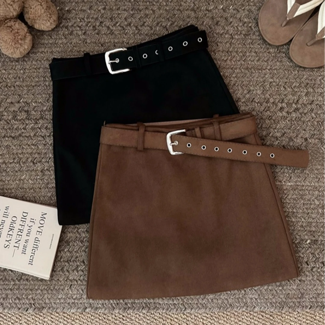 咖色麂皮绒半身裙短裙女秋冬大码胖mm高腰显瘦美拉德包臀A字半裙
