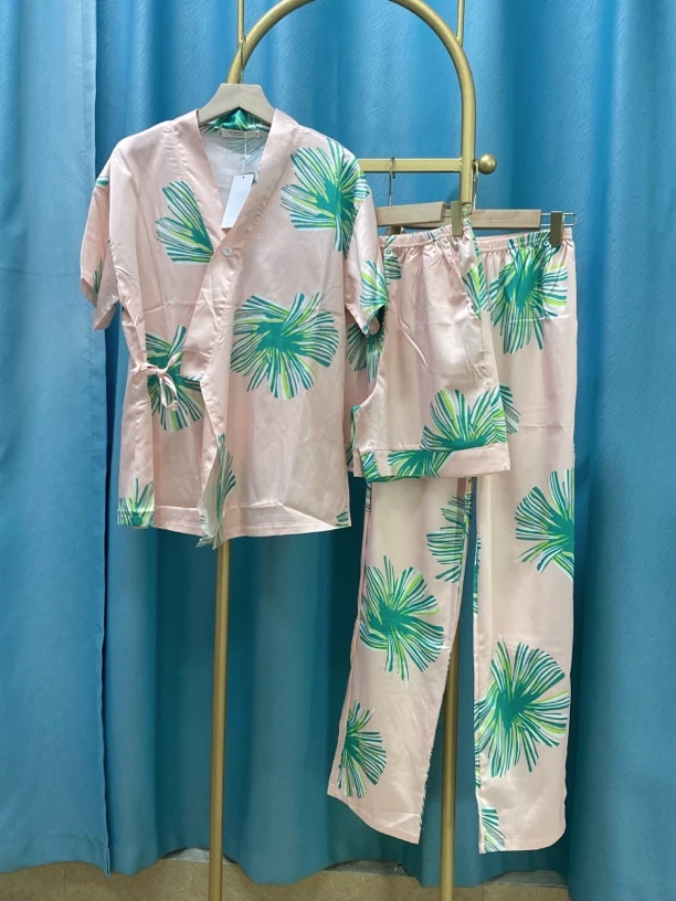 冰丝和服开衫女款套装中国风绑带家居服3件套睡衣夏季女士印花