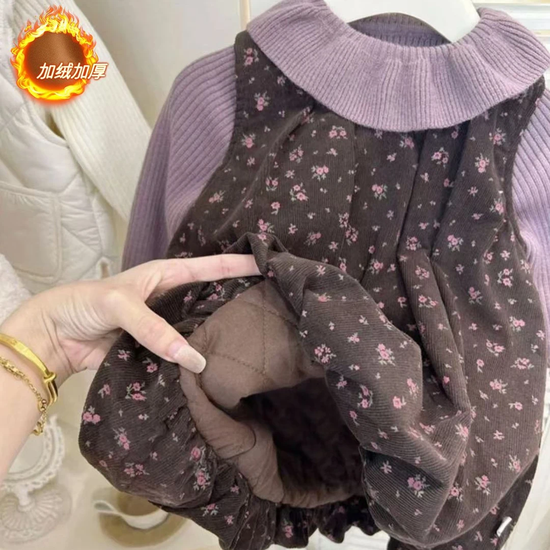 童泰【断码】女童花苞裙假两件裙子加厚荷叶领夹棉加绒保暖外穿裙小