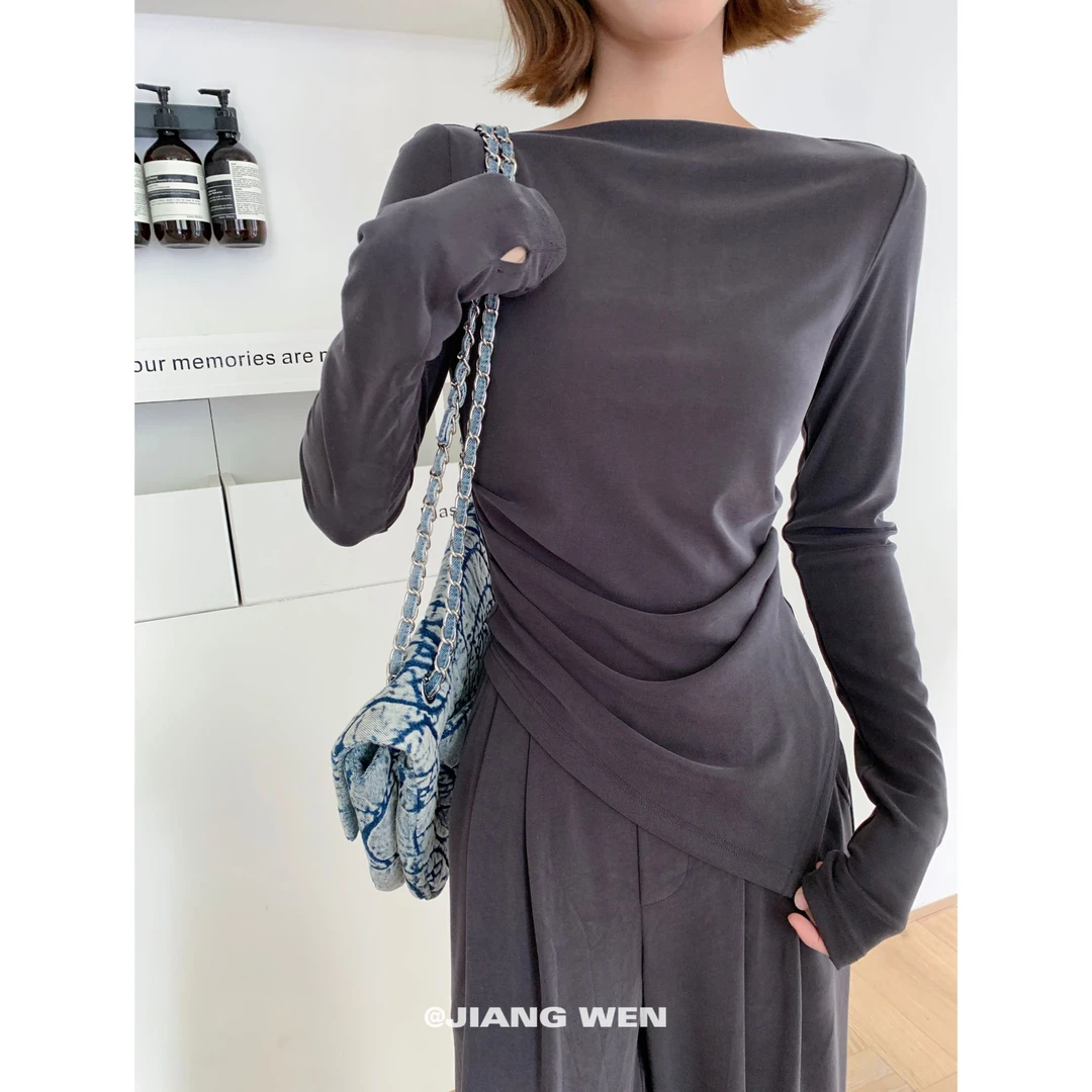 UKILAU【在云边】一字肩不规则设计高级感小众长袖打底衫