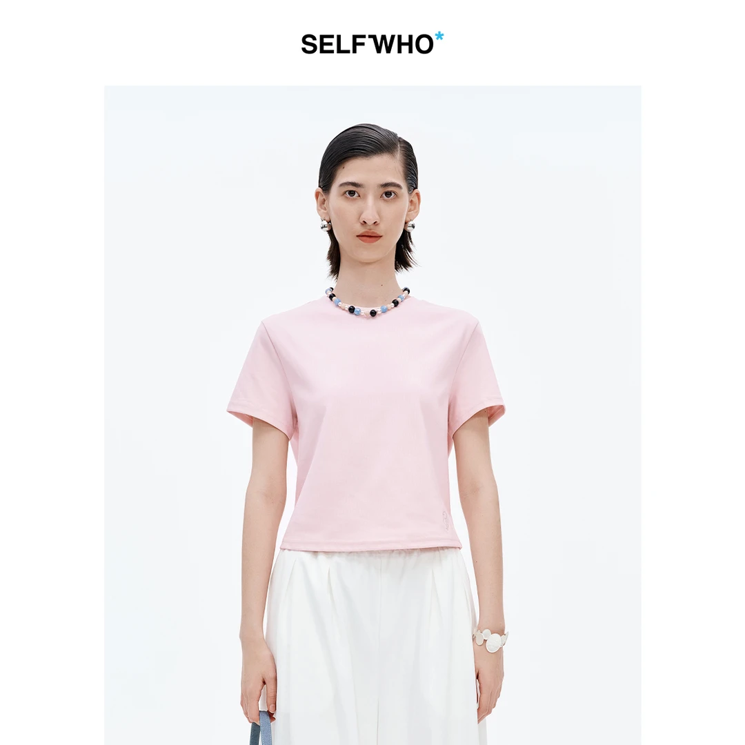 SELFWHO棉混纺纯色刺绣短袖t恤女2025夏新款百搭正肩修身短款上衣