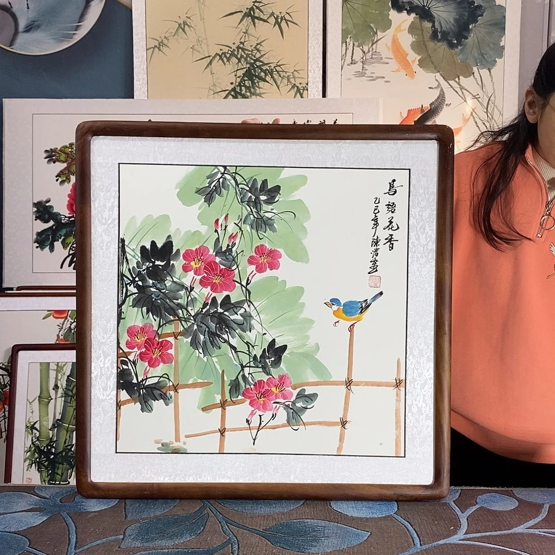 国画手写手绘国画作品带框包邮62✖️62