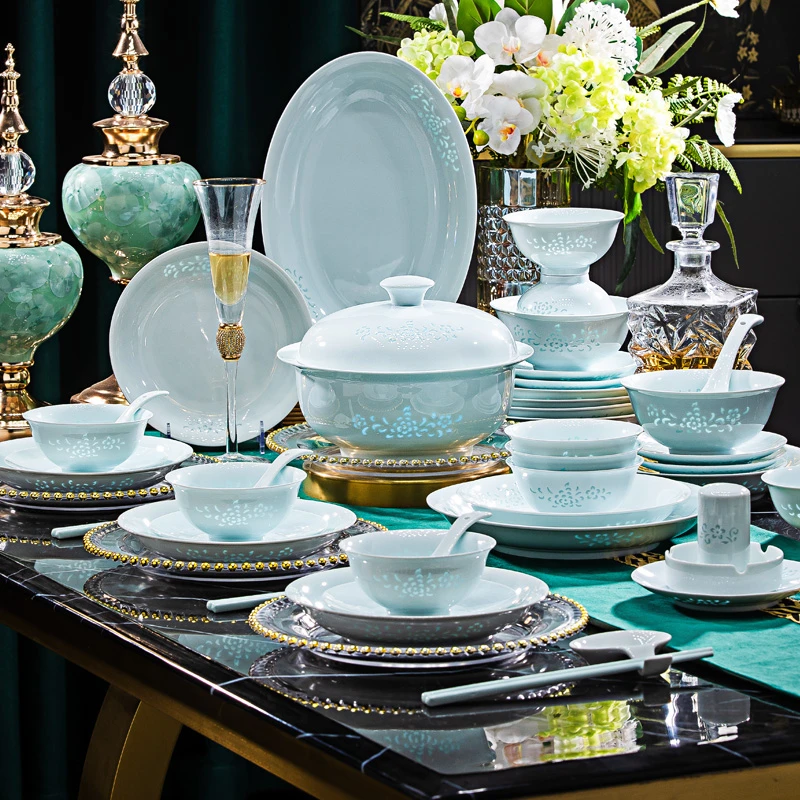 40件花弄影青瓷玲珑乔迁送人送礼景德镇高白泥高温釉下彩餐具套组