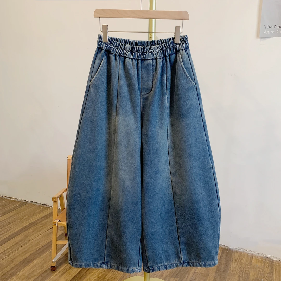 C5474加绒松紧腰牛仔阔腿裤