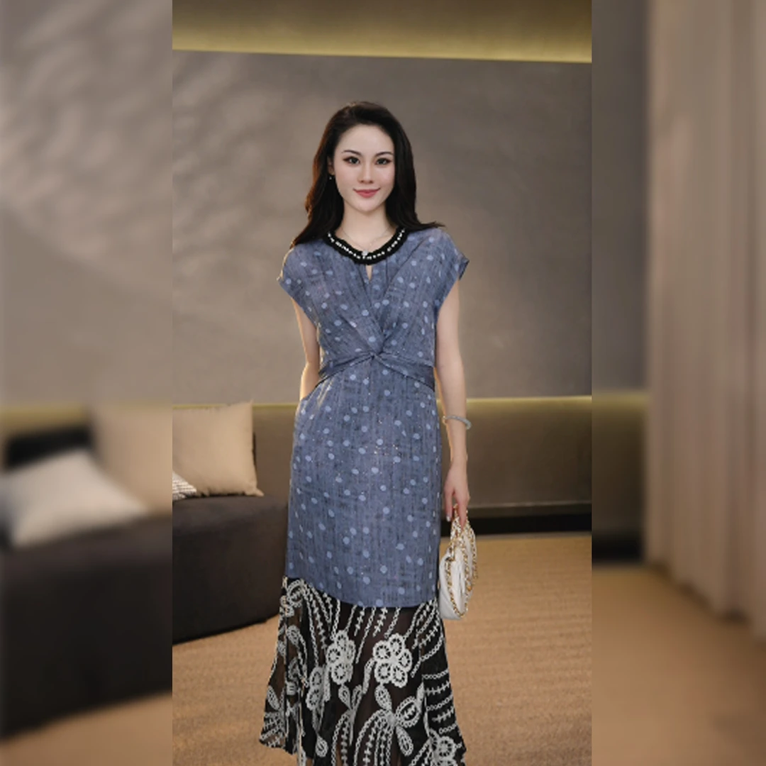 POSHROSEBUD【蓝魅】法式波点印花扭结显瘦气质女装连衣裙-T0169