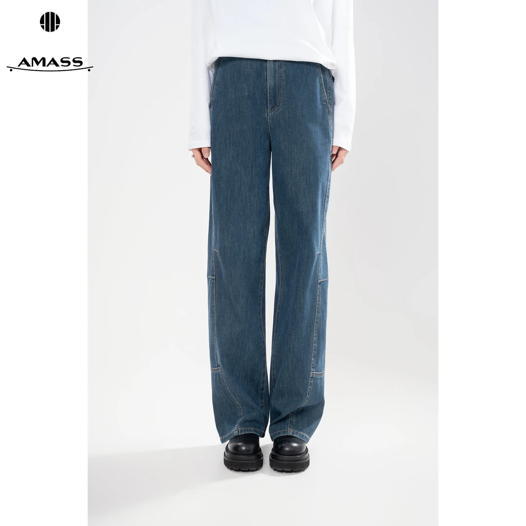 AMASS/阿玛施春夏新款复古丹宁风时尚设计感中腰直筒牛仔裤510032