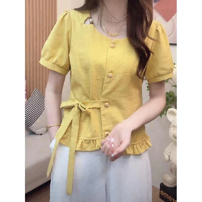 2025新款法式手工串珠设计感绑带时尚减龄遮肉衬衫