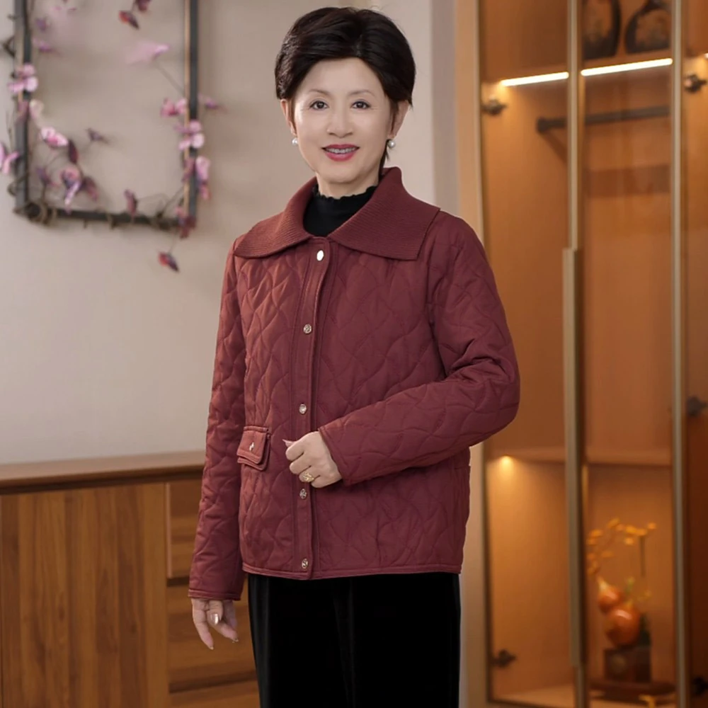 2025秋冬奶奶装薄款格纹翻领宽松外套中老年女装气质时尚早秋外套