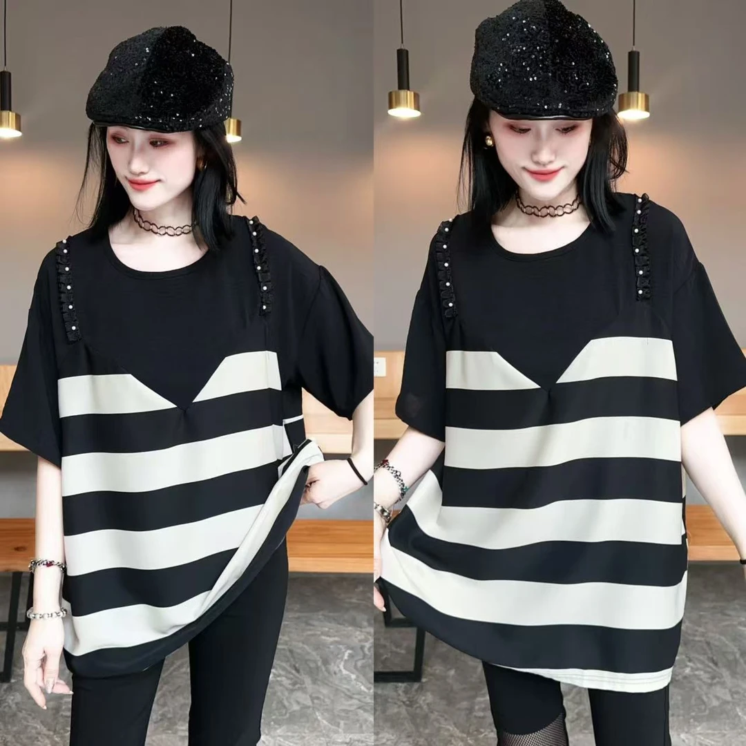 【YJ·高定】2025夏季薄款百搭显瘦清凉透气假两件半袖上衣女 YY2747