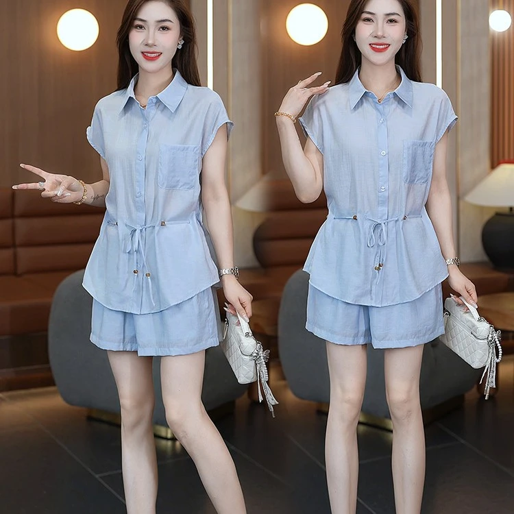 时尚套装2025年夏季新品时尚休闲韩版衬衫短裤两件套裤套装遮肚子