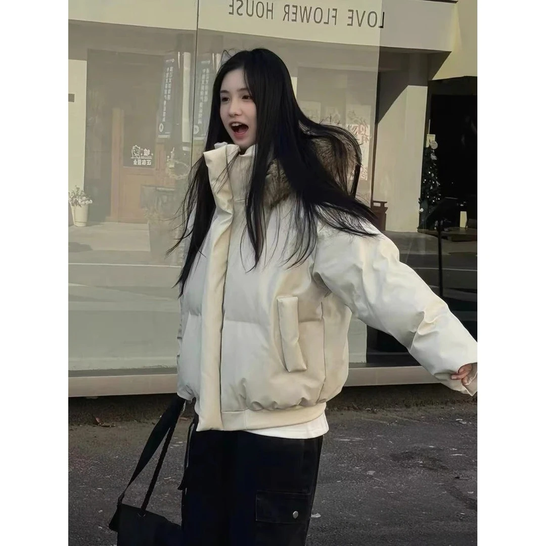 0102 美式PU皮短款立领防风加厚棉服冬季防寒保暖棉衣外套小仓库