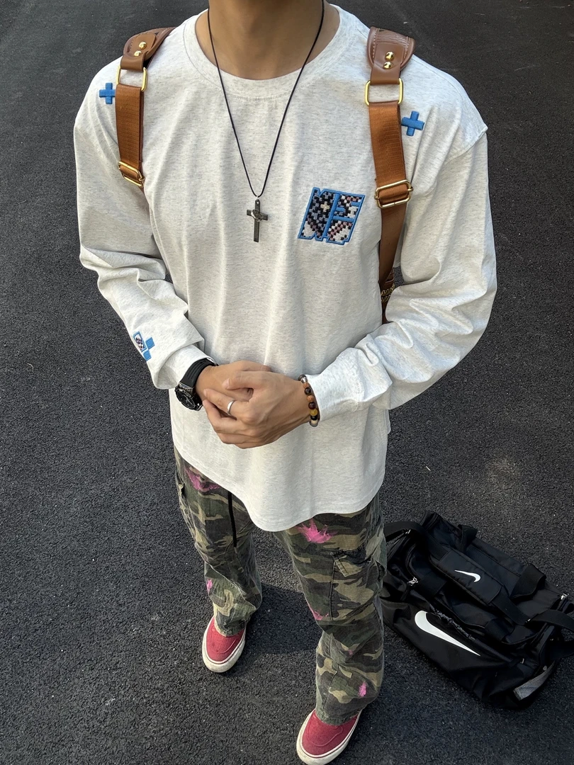 刺绣美式高街字母秋冬季重磅宽松圆领T恤男ins潮牌设计打底衫长袖