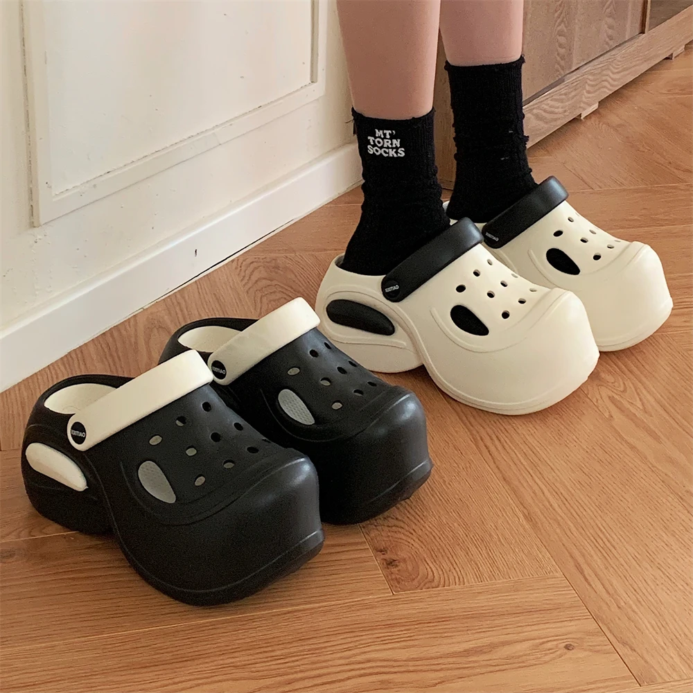 细细条 夏季8cm拼色外穿沙滩鞋凉拖鞋松糕厚底洞洞鞋休闲增高女