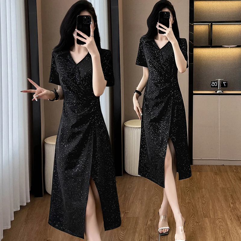 欧货高端大码宽松亮闪闪连衣裙女夏2025新款气质修身显瘦开叉裙子