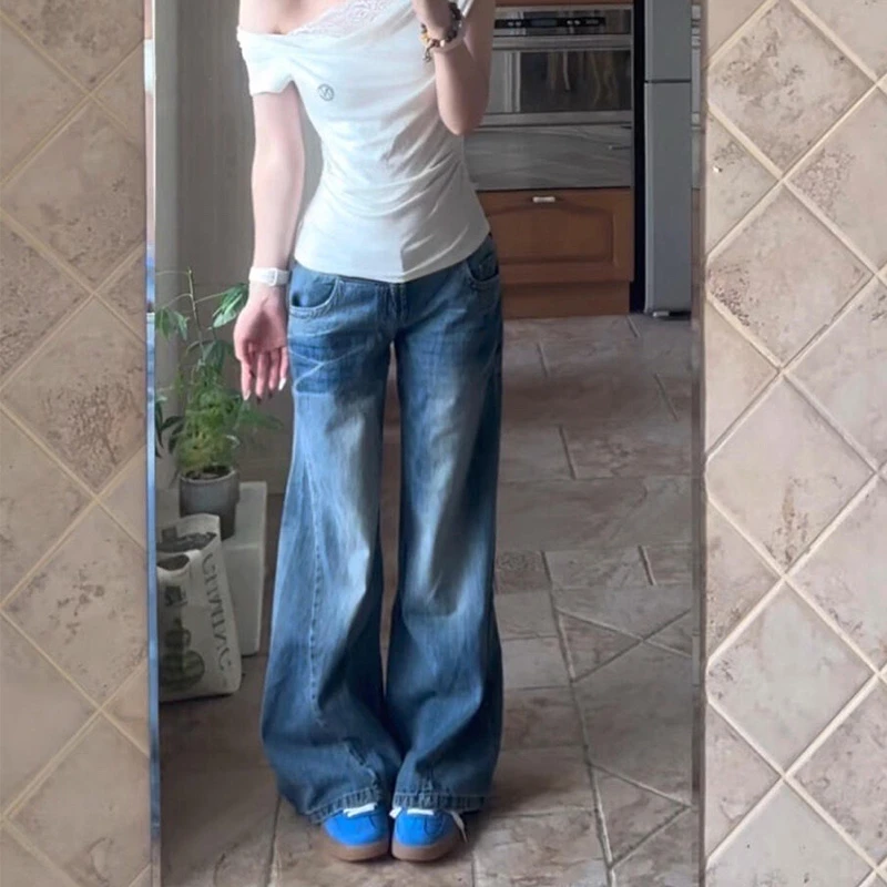 微胖mm美式显瘦高级感百搭牛仔裤女秋季新款复古水洗低腰阔腿长裤
