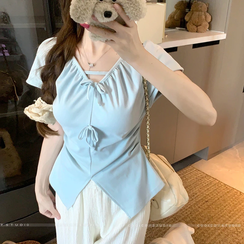 【8837】胖mm蝴蝶结系带V领短袖衬衫女夏季新款设计感收腰显瘦上衣