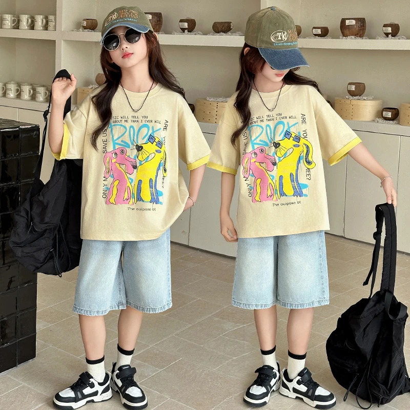 潮牌童装女童夏装2025新款中大童女装儿童夏季薄款牛仔短裤两件套