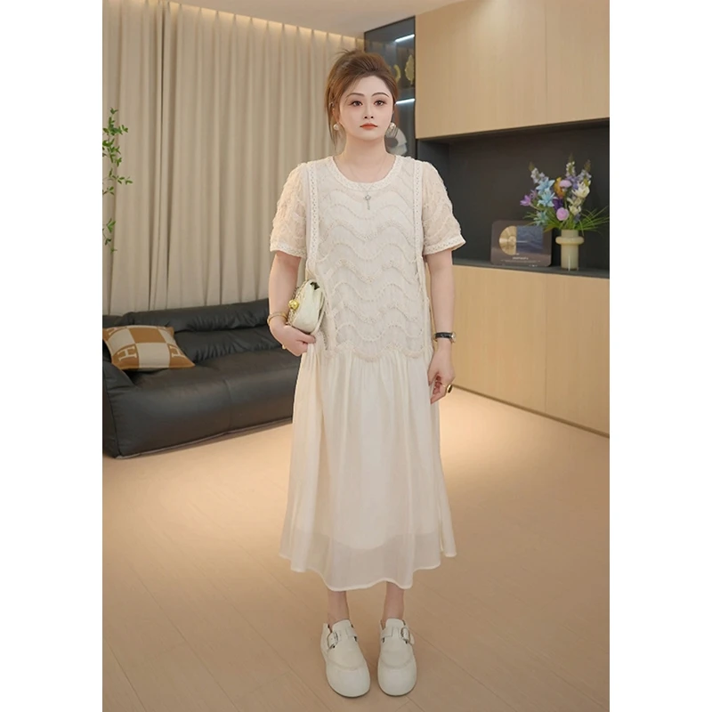 【胖佳佳】美神降临 高级蕾丝钩花小香短袖连衣裙H625Q02475