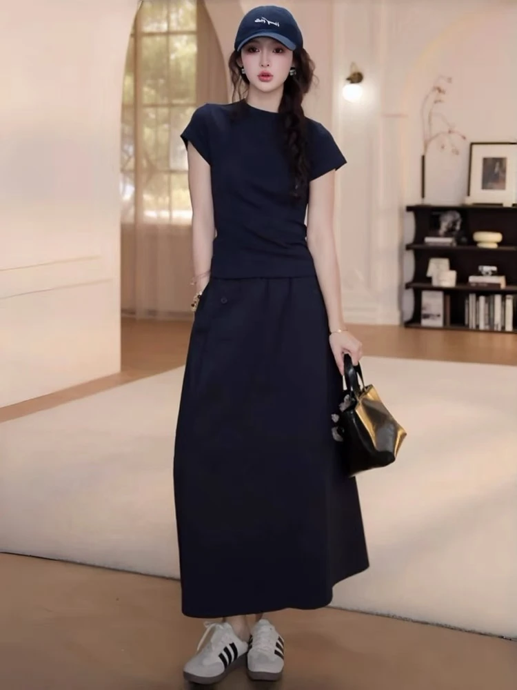 233夏季新款简约气质时尚纯色短袖T恤上衣百搭休闲半身裙两件套