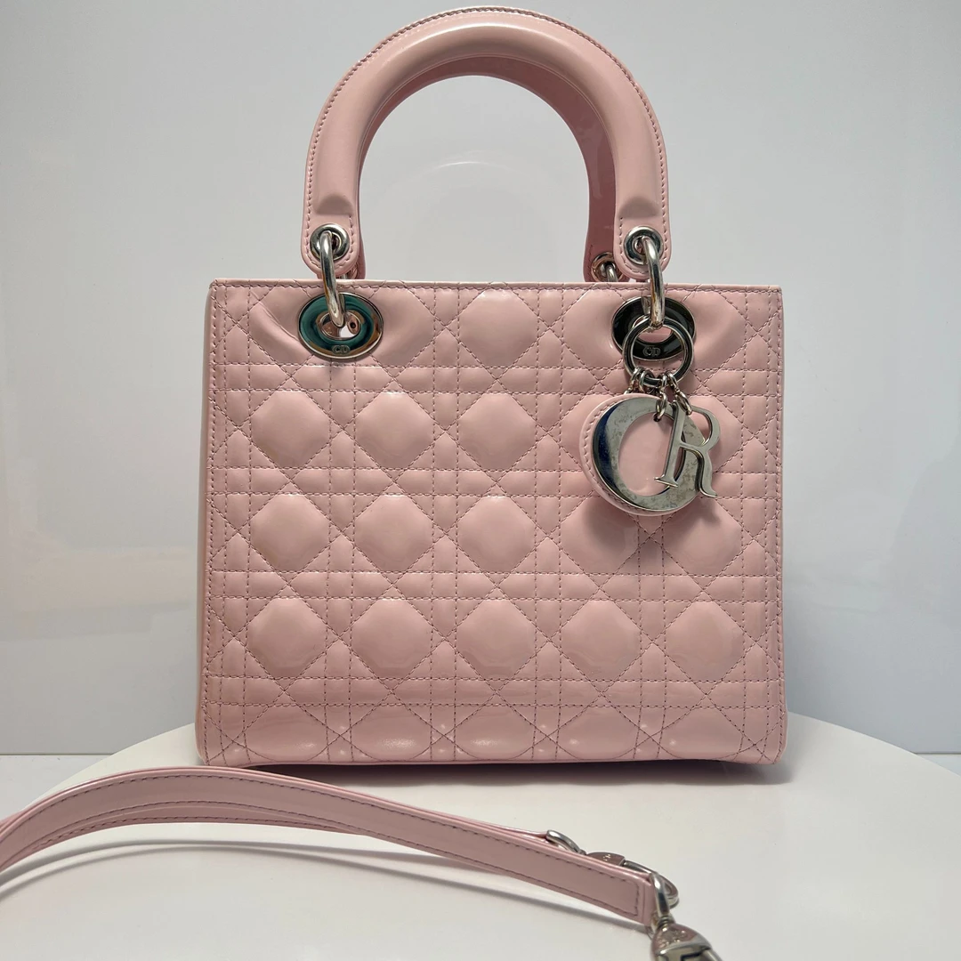99新 DIOR/迪奥 樱花粉漆皮五格戴妃/单肩包