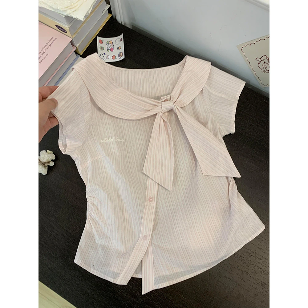 学院风小众斜门襟一字领衬衫短袖t恤女夏季新款设计感格子上衣