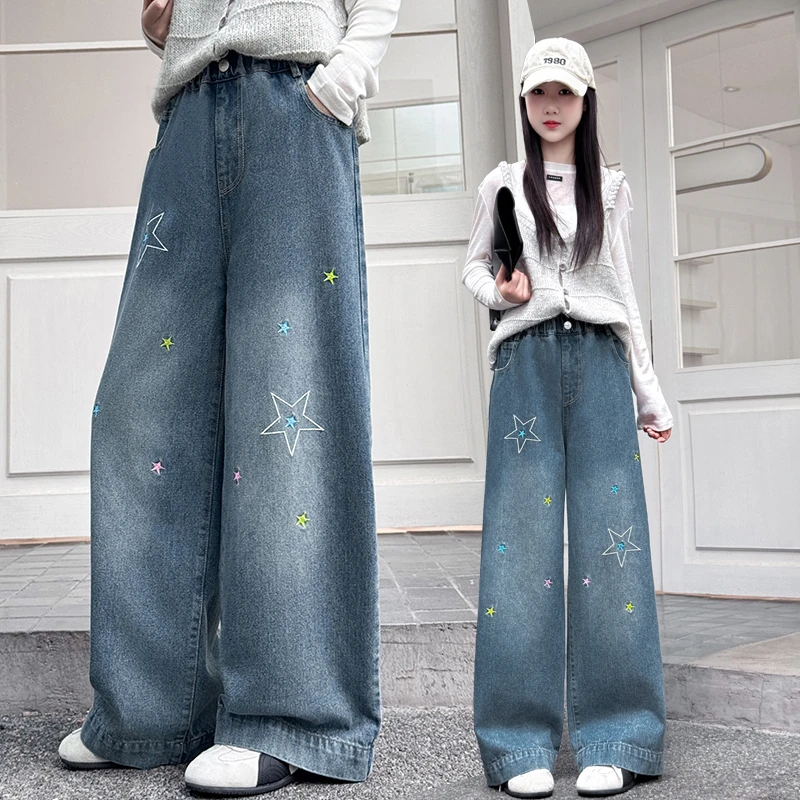女童秋季新款绣星星阔腿裤2025女大童时尚宽松直筒裤女孩洋气韩版