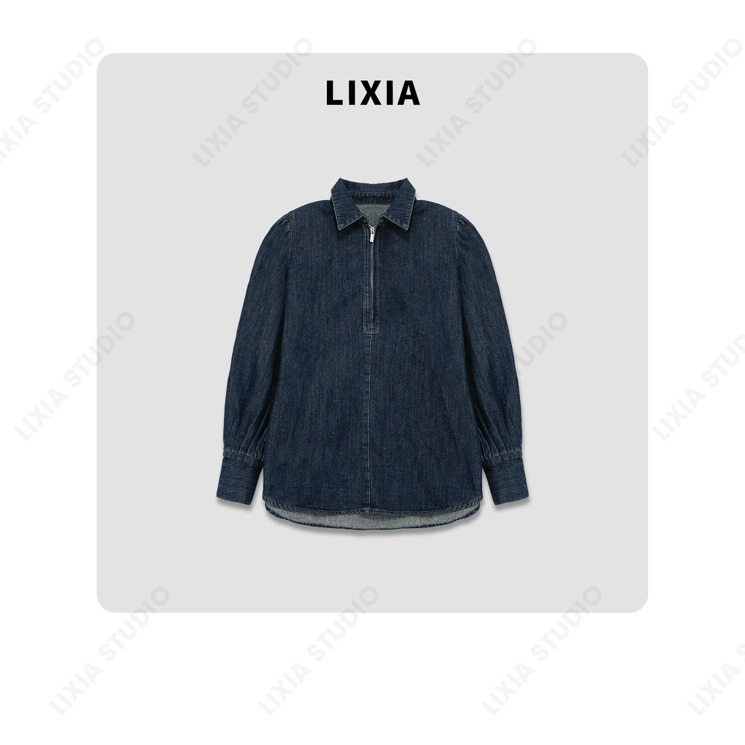 LIXIA【德克萨斯】拉链翻领轻奢设计感气质水洗牛仔衬衫外套-A8302