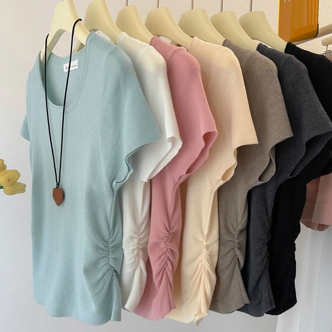 致独特小个子修身短款圆领针织短袖T恤女夏季褶皱显瘦上衣女装