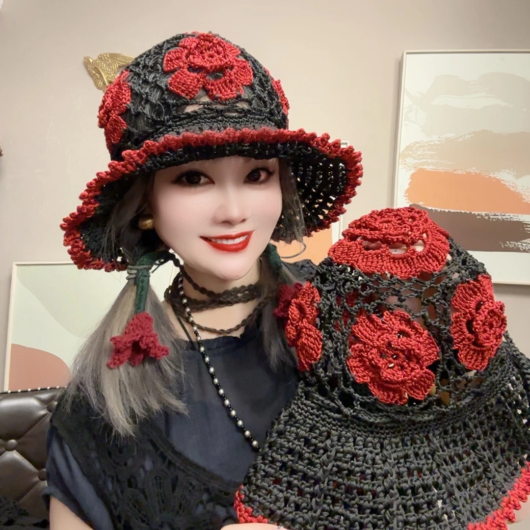 新款冰丝麻芙蓉花宽檐遮阳防晒女士旅游洋气渔夫帽