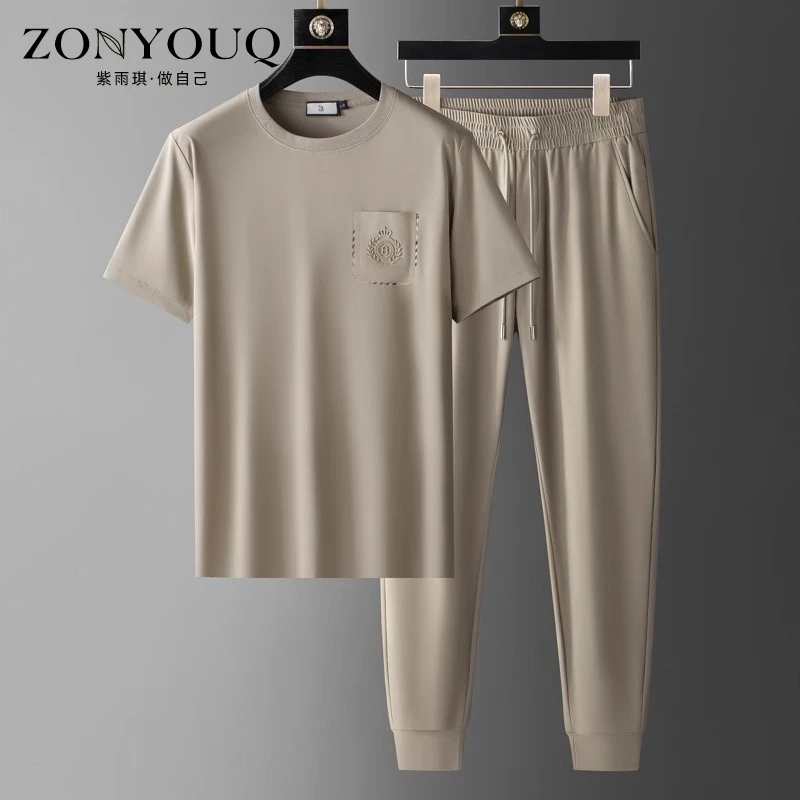 ZONYOUQ休闲运动套装男士夏季薄款商务休闲圆领短袖T恤纯色长裤