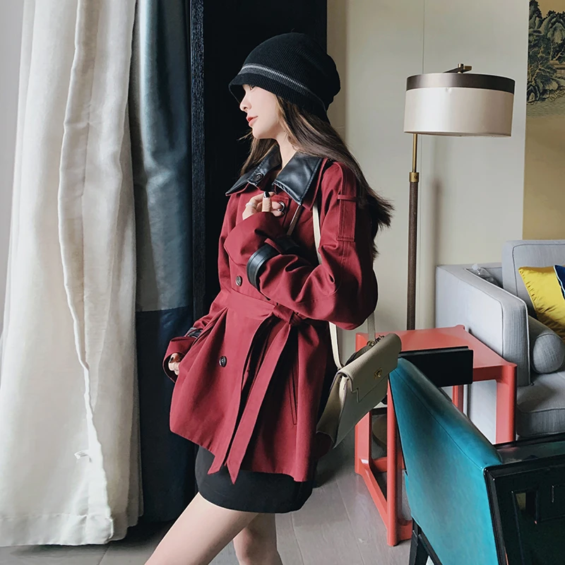 安可拉红复古高级感风衣外套女2025春秋新款气质翻领拼皮短款大衣