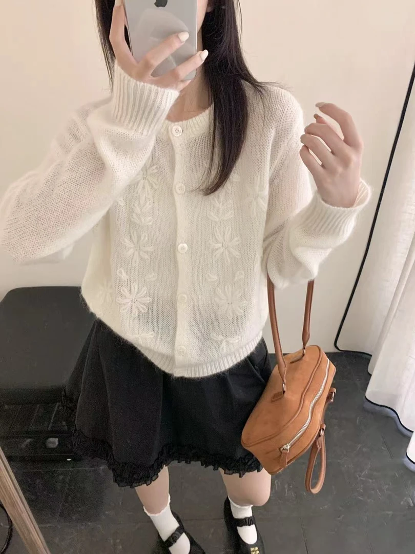 毛针织衫针织圆领宽松型提花薄款常规款包袖开衫款