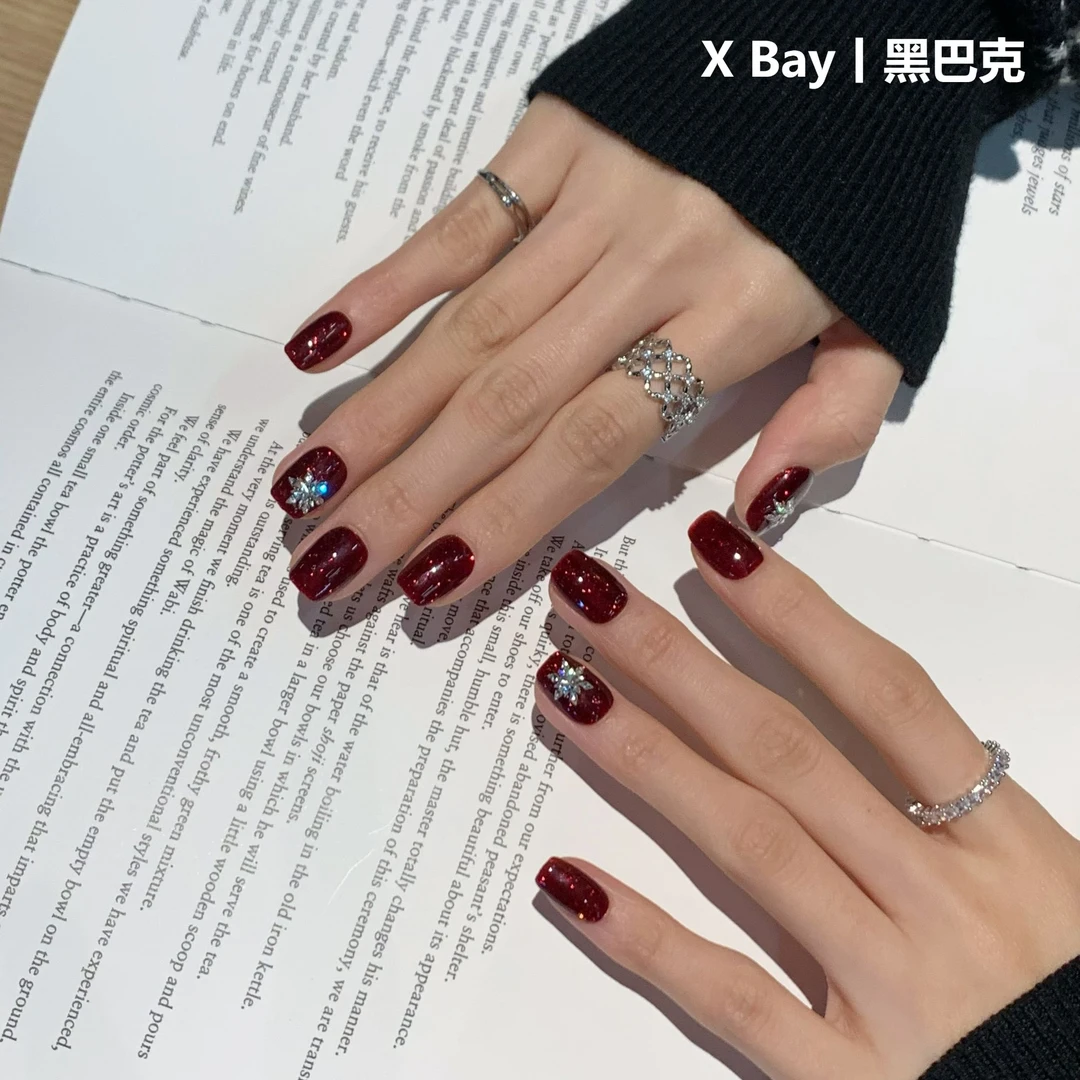 黑巴克丨XBay门店同款新年红色碎钻猫眼美甲气质短甲手工穿戴甲