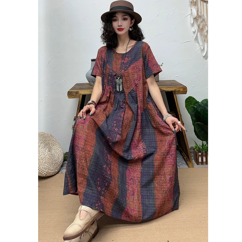 HX-竖条花宽松大码竹节棉麻花色洋气时尚凉快不沾身显瘦连衣裙夏