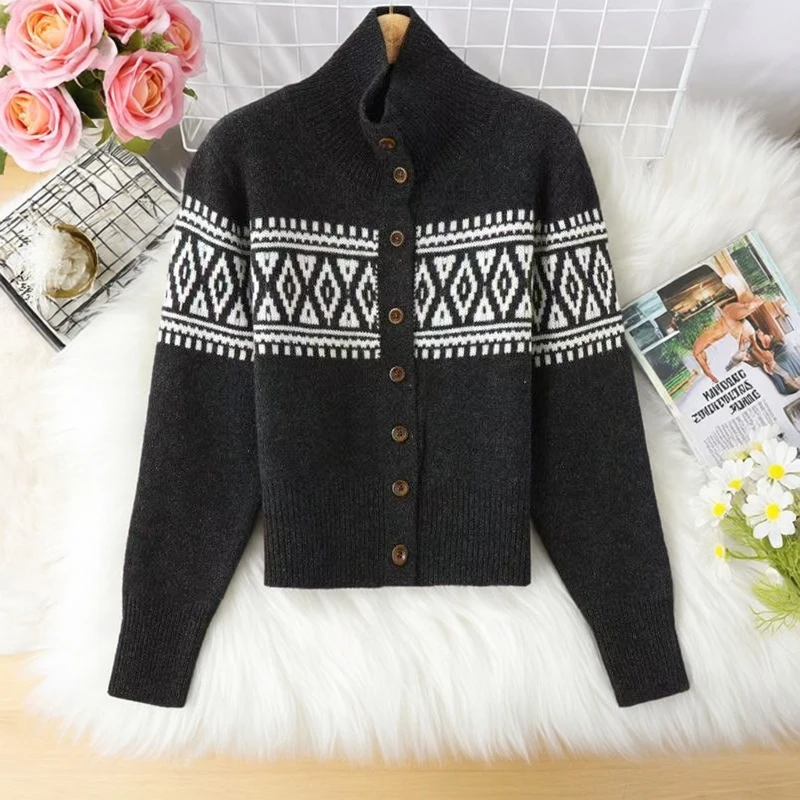 复古慵懒风提花针织衫秋冬季新款韩系毛衣气质休闲宽松百搭外套女