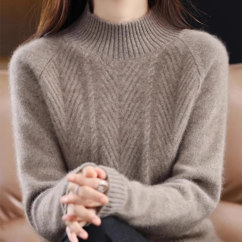 鄂尔多斯市产半高领羊毛衫女秋冬加厚纯色针织毛衣宽松洋气打底衫