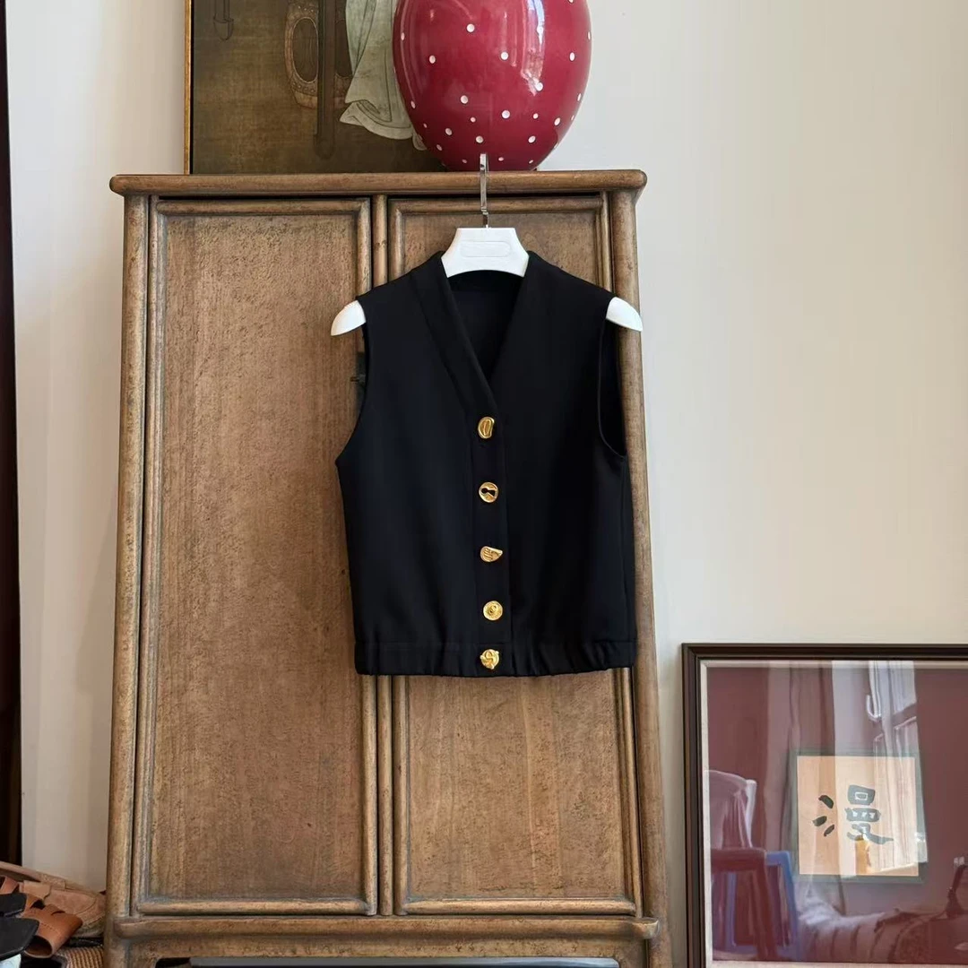 MYL 2025夏季新品涤棉黑色马甲V领无袖单排扣休闲纯色马夹上衣