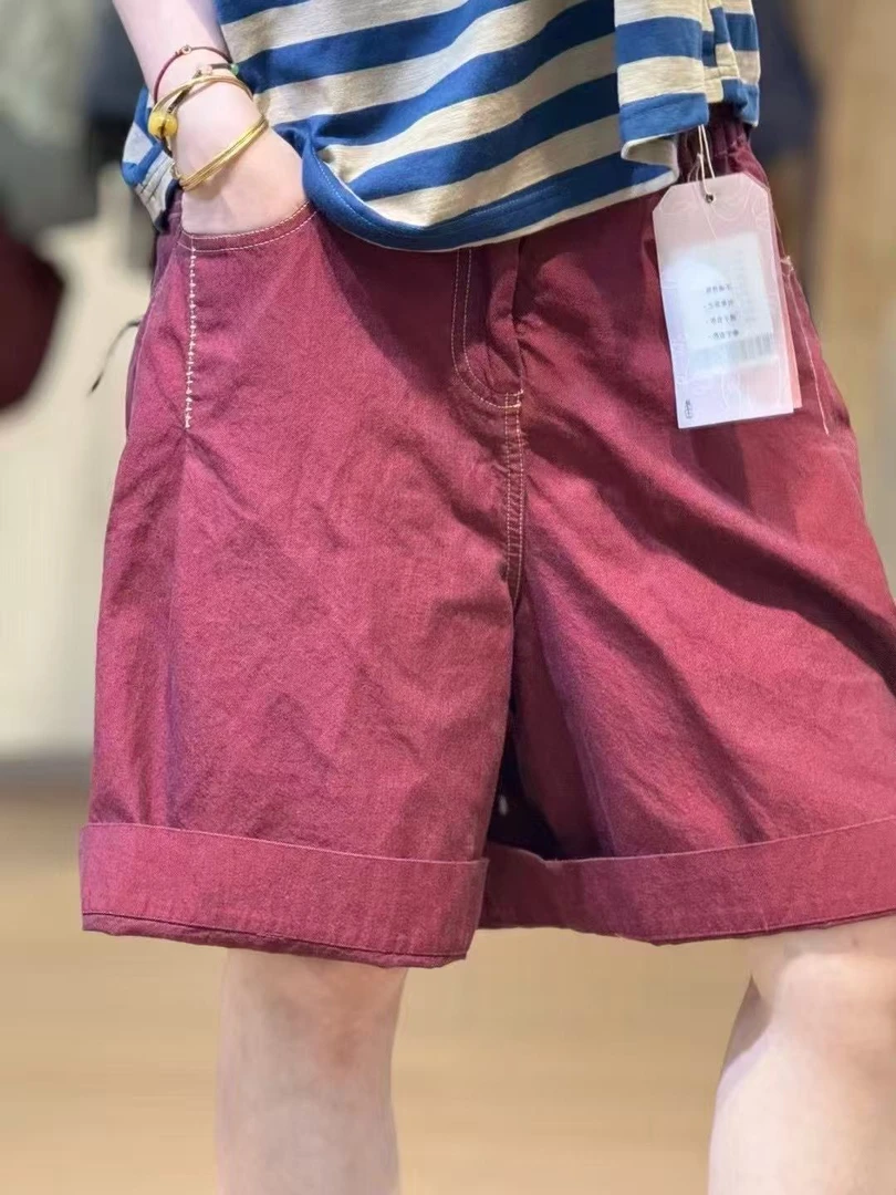 忆古朴拙撞色腰手工翻边休闲短裤