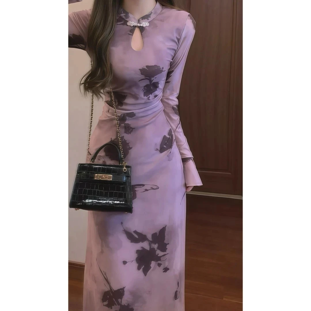 【蝶花】国风新中式晕染紫色弹力网纱改良旗袍连衣裙修身长裙9749