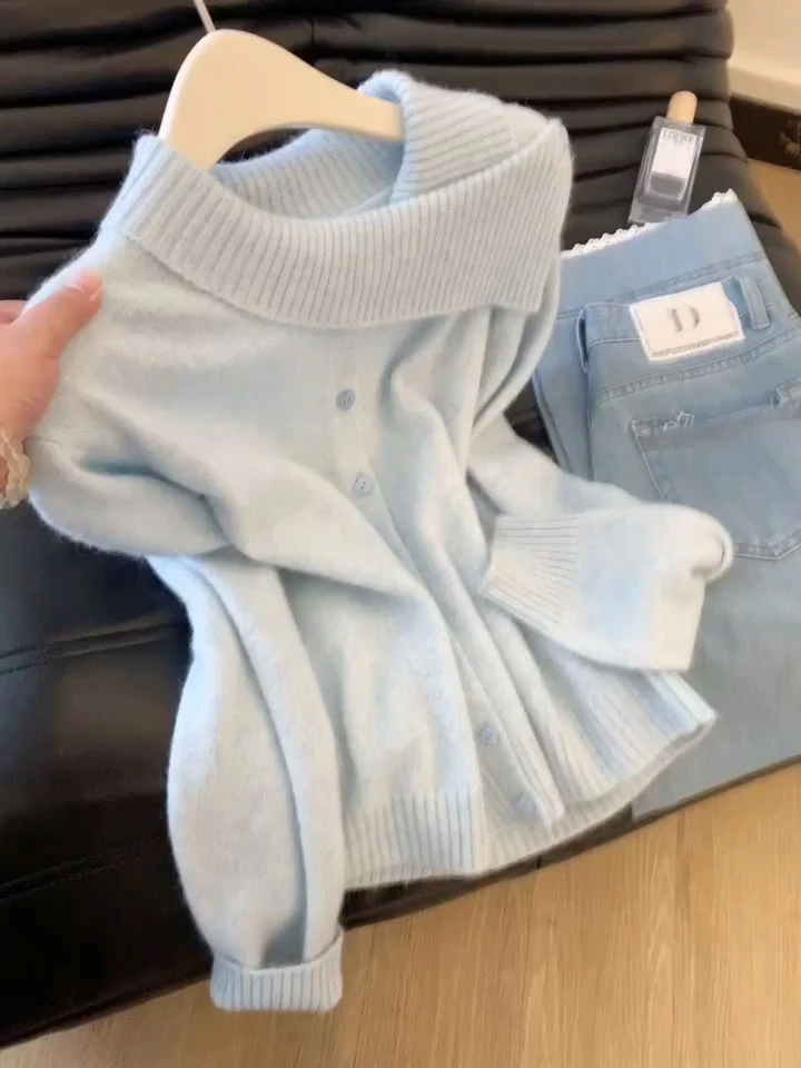 韩系温柔风翻领长袖针织开衫女秋冬季新款慵懒风减龄宽松显瘦毛衣