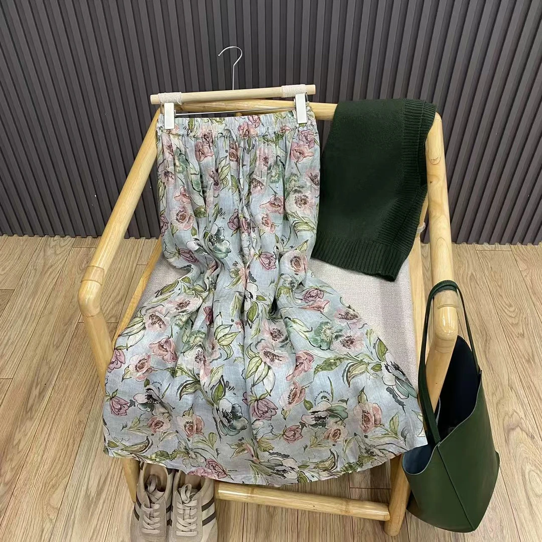 复古文艺苎麻碎花半裙宽松百搭印花高腰抽绳中长A字裙女Q99902c