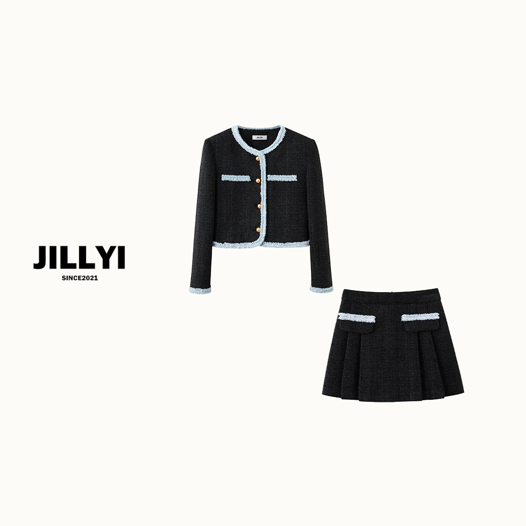 JILLYI【北国雪夜】蓝灰拼色圆领外套+灰蓝拼色百褶半裙套装