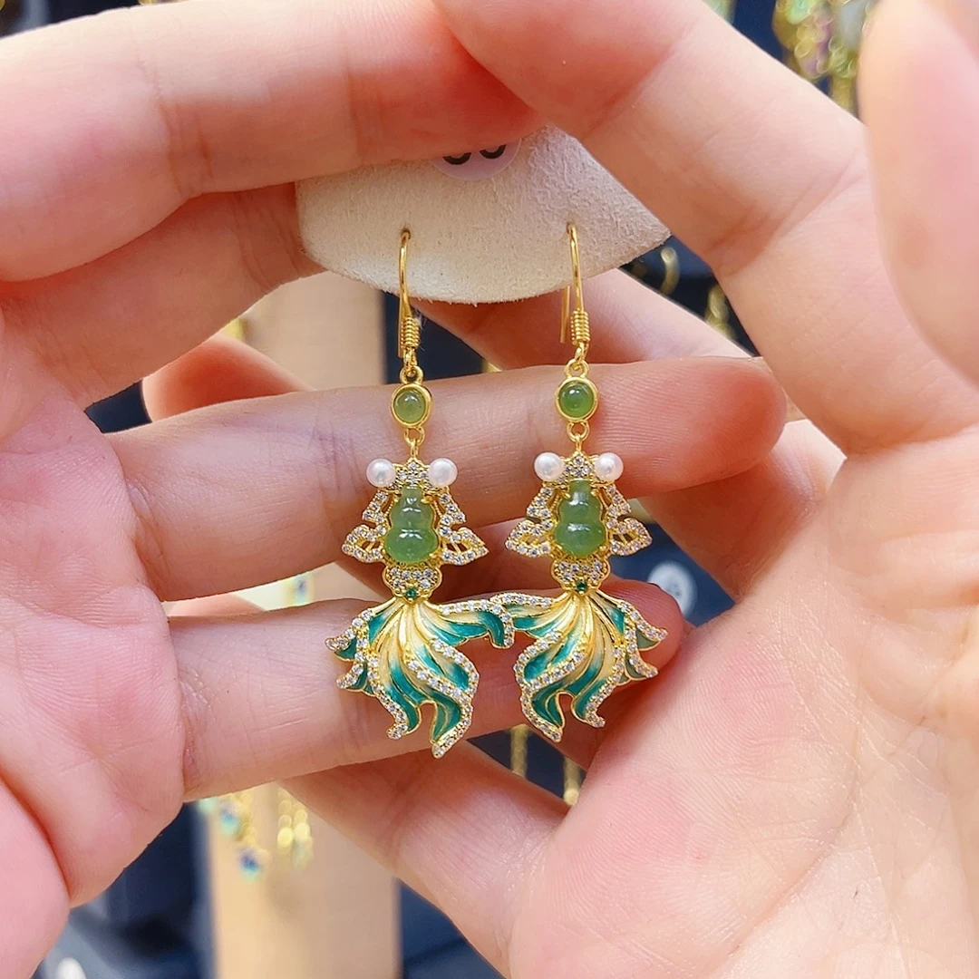 和田玉银S925镀金镶嵌耳饰