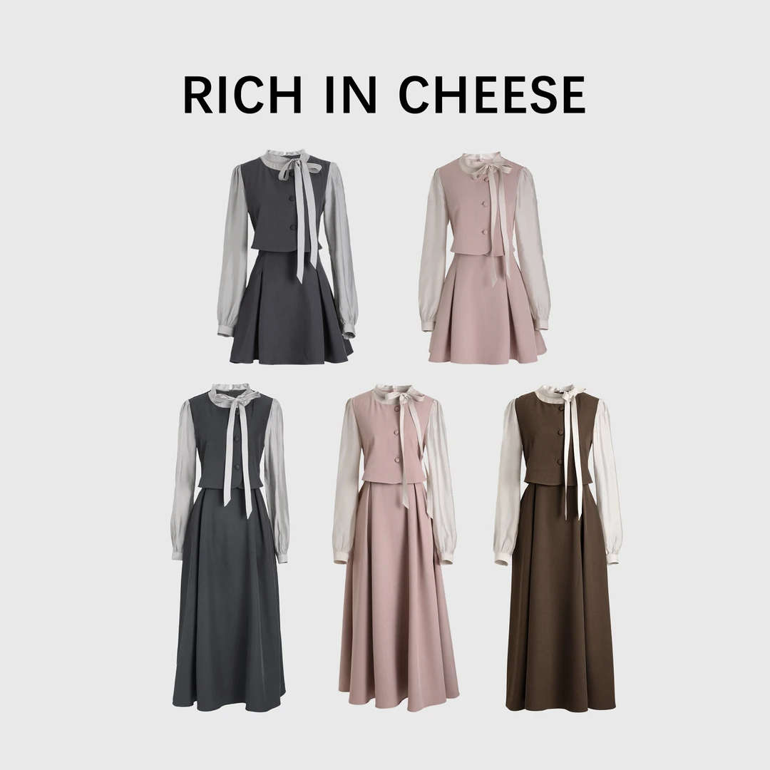 RICHINCHEESE 氧气少女【系列合集】 假两件蝴蝶结系带气质连衣裙